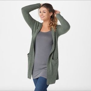 BAREFOOT DREAMS Green Open Front Long Cardigan L